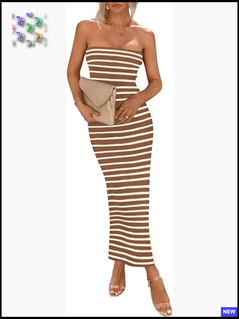 Strapless Ribbed Bodycon Maxi Dress Side Slit Summer Party Fitted Tube